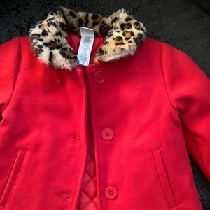 Little Me red coat, faux fur leopard collar.